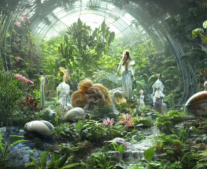 Image similar to transparent clear see - through image of mollusks, lush botany, orchids, ferns, garden environment, ultra realistic, concept art, art nouveau, photorealistic, octane render, 8 k, unreal engine. art by gustave dore and nori inoguchi and sam kaplan and zachary goulko and christopher marley and artgerm and alphonse mucha