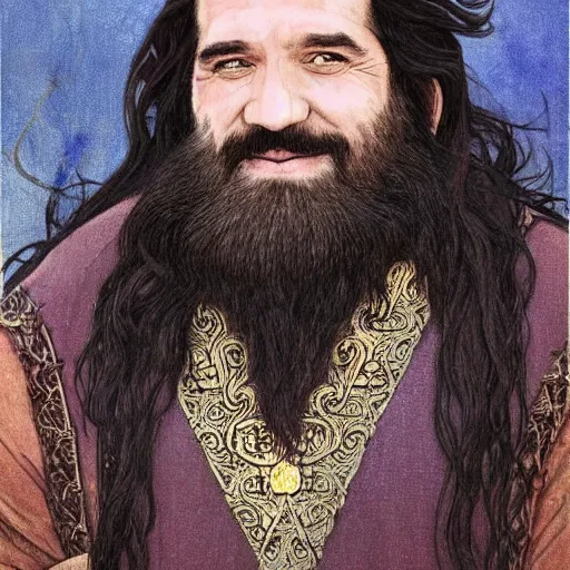 Image similar to art nouveau portrait of clive owen as a dwarven barbarian with full luscious groomed beard, long flowing dark hair, a cheeky smile, gold filigree, mucha