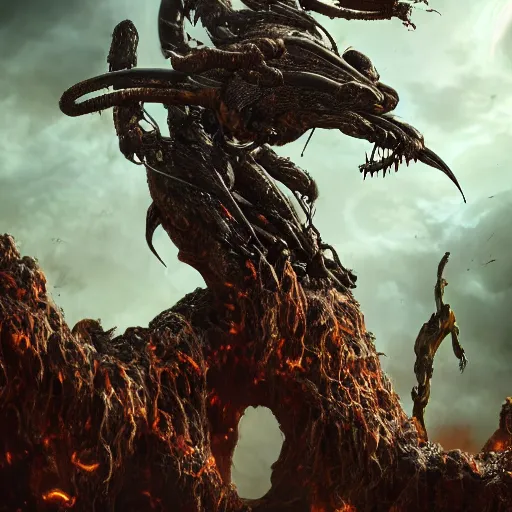 Image similar to the shrike, a cruel, god like, scorpion like creature vs the devil, a pride, fearless, tactical commando, fighting over the tree of pain in hell, epic sci fi battle, alien world, hyperrealist, intricate, dramatic, cinematic, breathtaking, octane, unreal 5, 8 k, photoshop, ultra detailed, by dan simmons