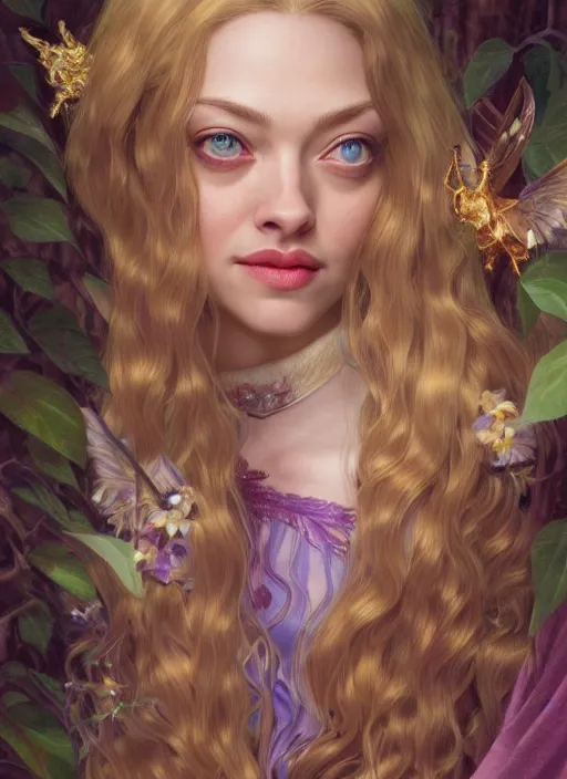 Prompt: beautiful young amanda seyfried as the rapunzel princess, closeup, d & d, fantasy, intricate, elegant, highly detailed, digital painting, artstation, concept art, matte, sharp focus, illustration, art by artgerm and greg rutkowski and alphonse mucha