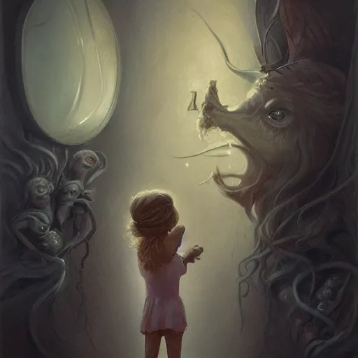 Image similar to a little girl looking at her adult reflection in the mirror, in the style of peter mohrbacher by weta digital and beth cavener, high face symmetry, intricate, masterpiece, award winning, high face symmetry, intricate