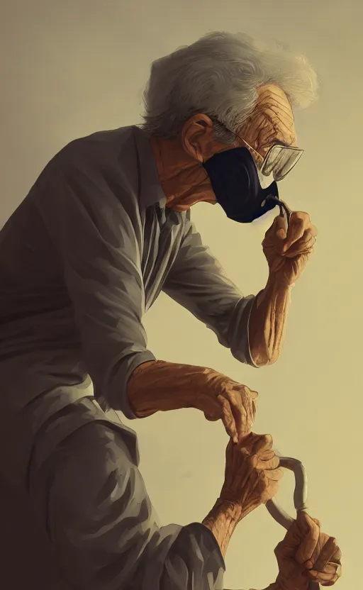 Prompt: old man doing hard work with their mask, do what we can, then leave it to god, non fiction, center of interest, left align, right align, symmetrical stability, intricate, elegant, 8 k uhd, justify content center, artstation, concept art, matte, sharp focus, illustration, art by paul lung