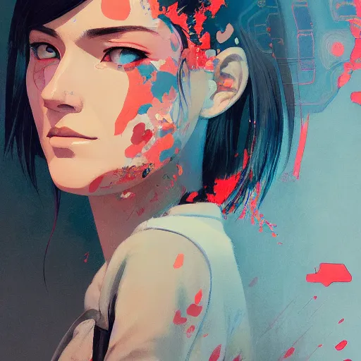 Image similar to Portrait of a cute woman, very coherent, painted by painted by James Gilleard, airbrush, art by JamesJean and fine details. Anime. realistic shaded lighting poster by Ilya Kuvshinov katsuhiro otomo ghost-in-the-shell, magali villeneuve, artgerm, Jeremy Lipkin and Michael Garmash and Rob Rey