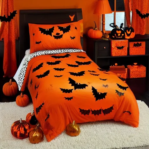 Image similar to homemade maple moth halloween themed christmas bedroom ideas, high resolution, creative, visually appealling