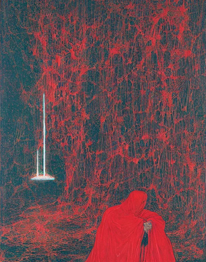 Prompt: worshippers in red robes holding a very large crystal tesseract radiating white light, interior of a small room, glowing crystal tesseract, beksinski painting, part by adrian ghenie and gerhard richter. art by takato yamamoto. masterpiece, deep colours