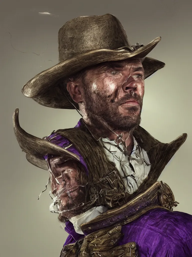 Image similar to professional corporate portrait closeup headshot profile picture of cowboy snake oil salesman wearing purple green medieval armour with snake oil stimulant tonic formula tincture dripping from his lips and dollar bill print tinted skin, by Greg Rutkowski, 8K, hyper detailed, realistic, by onesal, by sixnfive , behance 3d , studio photography DSLR, Photoreal epic composition