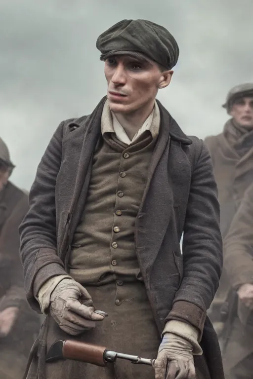 Image similar to a portait photo of Thomas Shelby in a battlefield, epic image, path tracing, complementary colours, high quality, 4k HDR, dramatic lighting, cinematic, highly detailed, high coherence, dedined face, anatomically correct, five fingers, war, cold environment