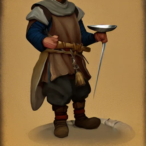 Prompt: medieval peasant boy at forge talking to blacksmith, artstation, fantasy