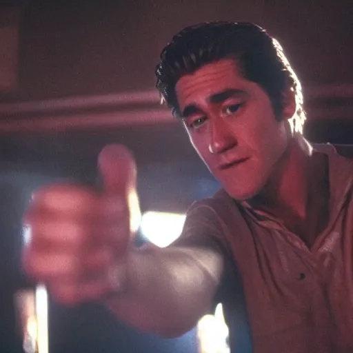 Prompt: cinestill of Jake Gyllenhaal as Patrick Swayze fighting men in a bar in the movie Road house