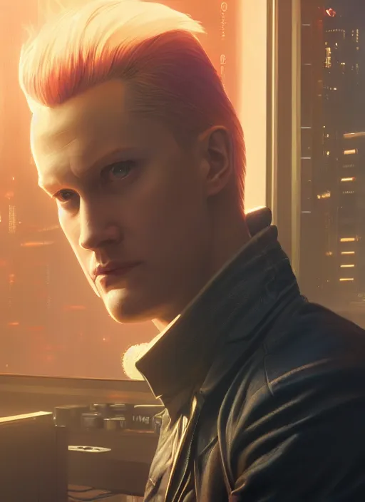 Image similar to highly detailed portrait of johan liebert in cyberpunk 2 0 7 7, stephen bliss, unreal engine, greg rutkowski, loish, rhads, beeple, makoto shinkai and lois van baarle, ilya kuvshinov, rossdraws, tom bagshaw, alphonse mucha, global illumination, god rays, detailed and intricate environment