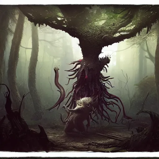 Image similar to a living tree with legs and a tail, in the shape of a rat, in a corrupted forest, by greg rutkowski, trending on art station, highly detailed, magic the gathering, matte painting