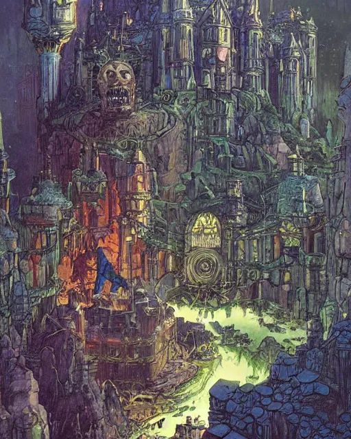 Image similar to beautiful comic book art of a fantasy castle by alan lee and simon bisley, robots in the background by simon stalenhag and jack kirby
