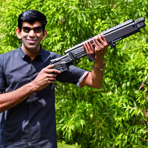 Prompt: Medium shot photograph of Rishi Sunak holding an AK-47, 8k, ultrahd