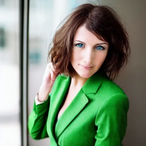 Prompt: brunette woman, short messy hair, business suit, bright green eyes