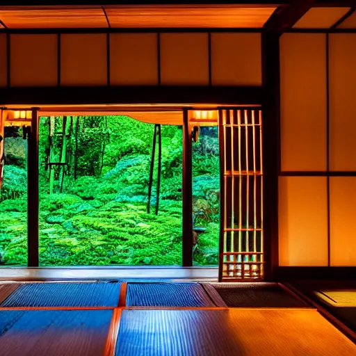 Prompt: inside a cozy dark wooden Japanese house with a indoor koi pond at night raining, bonsai trees, fireflies, wild flowers, raining, bamboo forest, night time