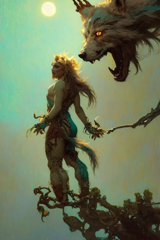 Image similar to pearlescent turquoise moon, wolf monster, character design, painting by gaston bussiere, craig mullins, greg rutkowski, alphonse mucha, trending on artstation