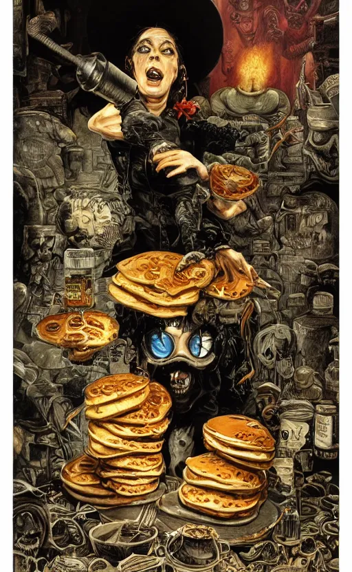 Image similar to Aunt Jemima, heavy metal magazine cover, 1980s, intricate pancakes and syrup witch, atmospheric, realism, horror, grimy, sinister, highly detailed, high octane render, HD, anatomy, symmetrical body, symmetrical face, scary, cracked brick background, in the style of Frank frazetta and moebius, Peter mohrbacher and John William Waterhouse