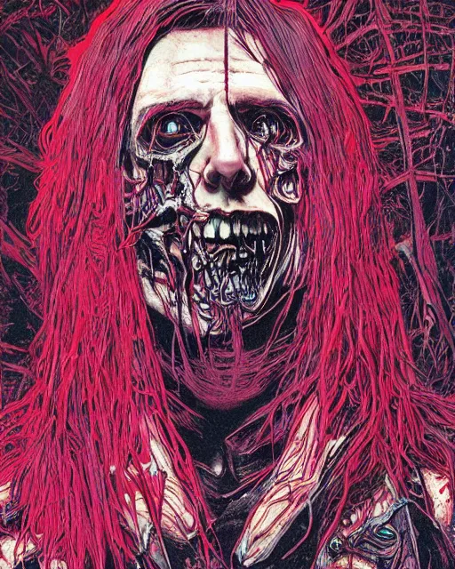 Image similar to trent reznor with long hair as a decaying zombie, horror, high details, bright colors, striking, intricate details, by vincent di fate, artgerm julie bell beeple, 1 9 8 0 s, inking, vintage 8 0 s print, screen print