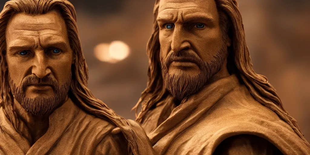 Image similar to golden head sculpture of qui - gon jinn liam neeson 4 k, movie still, uhd, sharp, detailed, cinematic, render, modern