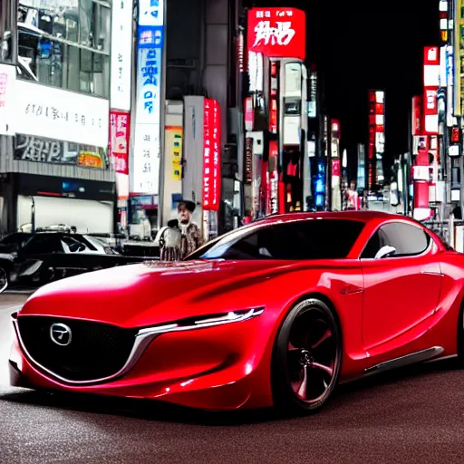 Image similar to RX-Vision soul red concept car ikuo maeda mazda RX-9 driving in Tokyo at night beautiful 35mm photo