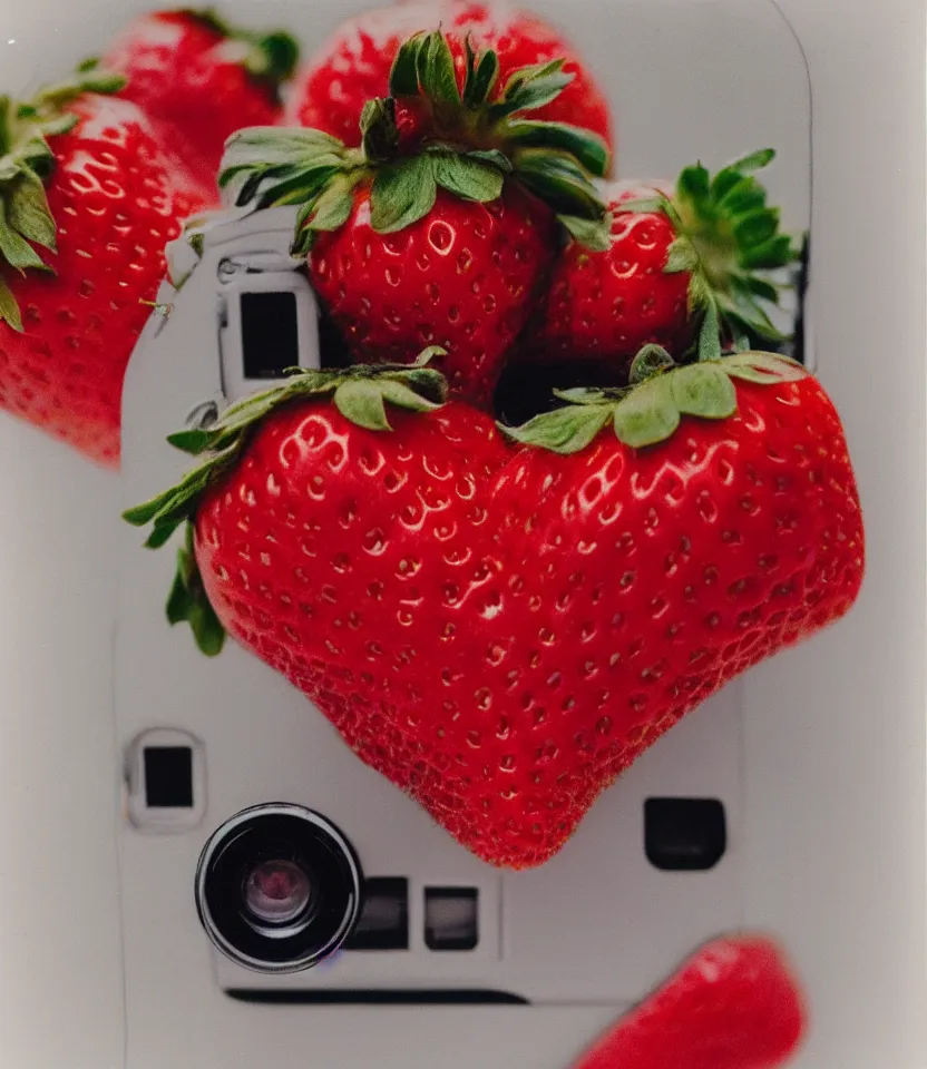 Image similar to the long red heart of a strawberry instamatic polaroid flash photography