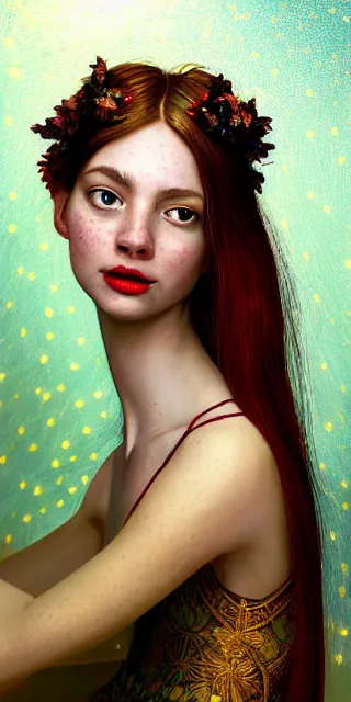 Image similar to a totally enraptured smiling young woman surrounded by golden firefly lights in a mesmerizing scene, sitting amidst nature fully covered, intricate detailed dress, long loose red hair, precise linework, accurate green eyes, small nose with freckles, smooth oval head, expressive emotions, hyper realistic ultrafine portrait by artemisia gentileschi, jessica rossier, artgerm