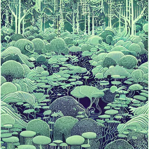 Image similar to linocut print of lush fantasy forest, amazing art, highly detailed, intricate, color, masterpiece, by victo ngai, craig mullins