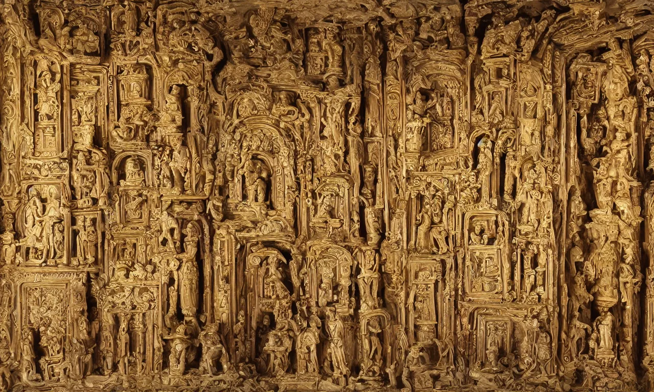 Image similar to giovanna pillaca inside el retablo digital architectural sculptural interior, contains iconographic and inca statues in gold, visually satisfying architecture render