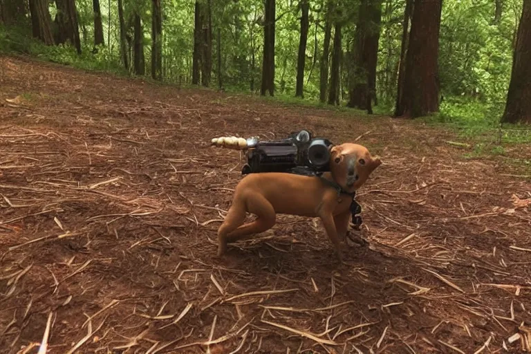 Prompt: trail cam footage of a humanoid hot dog with arms and legs