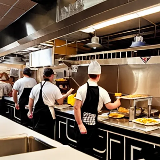 Image similar to busy wafflehouse interior with customers eating breakfast and wafflehouse employees serving food and cooking behind countertop