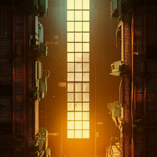 Image similar to One dilapidated building with only one window glowing. ArtStation, Cyberpunk, Vertical Symmetry, 8K, Highly Detailed, Intricate, Album Art.