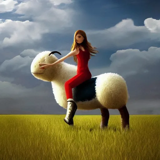 Image similar to girl riding a giant sheep in a field, trending on artstation