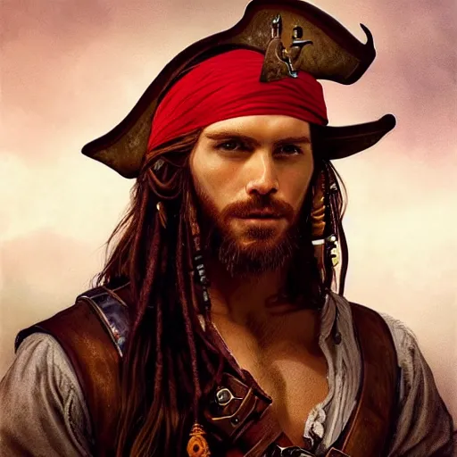 Prompt: portrait of a young pirate, 30 years old, male, rugged, masculine, handsome, upper body, red hair, long hair, D&D, fantasy, intricate, elegant, highly detailed, cinematic lighting, digital painting, artstation, concept art, cutscene, sharp focus, illustration, art by Artgerm and Greg Rutkowski and Alphonse Mucha