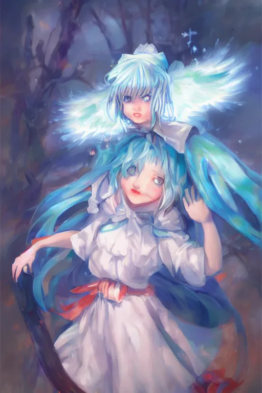 Image similar to cirno from touhou, by ross tran, oil on canvas