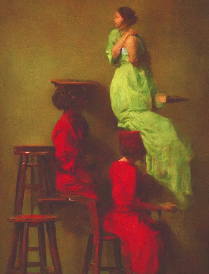 Prompt: A woman sitting on a stool reaching behind her with one hand. Close Shot. In the Style of Sir Matthew Smith. Green and Red light.