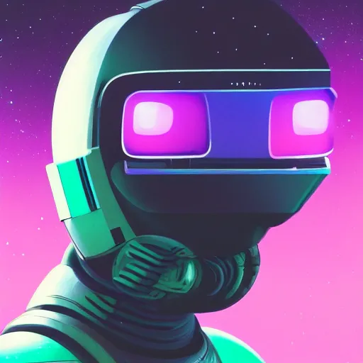 Image similar to cyberpunk astronaut bot, cinema 4 d, galaxy space sci - fi, wearing vr goggles, illustration, portrait, pastel neon textured background night, trending on artstation, greg rutkowski, octane rendered, 1 2 k, detailed,