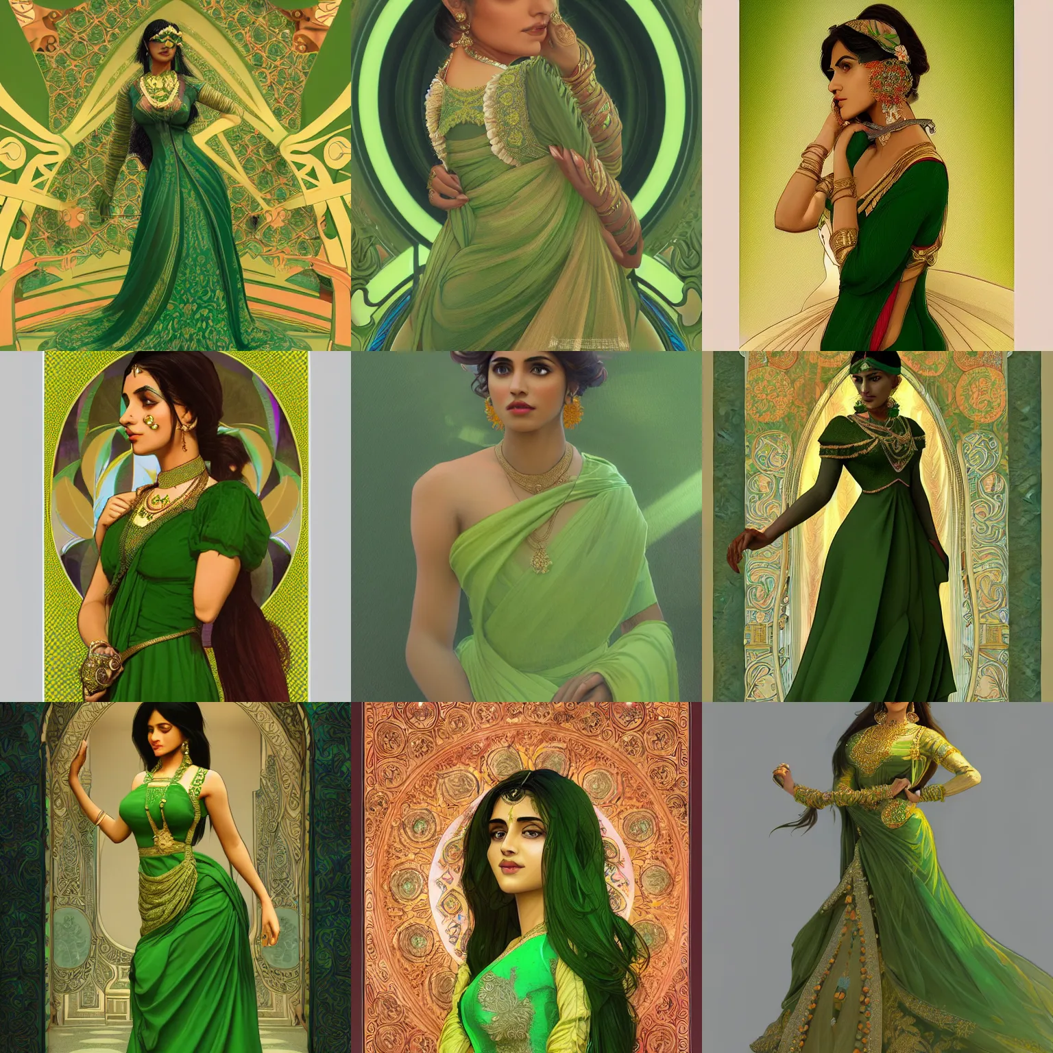 Prompt: a beautiful south asian female in high fashion dress, green, as seen on artgerm, octane render, in the style of alphonse mucha, ultra realistic, highly detailed, 8 k