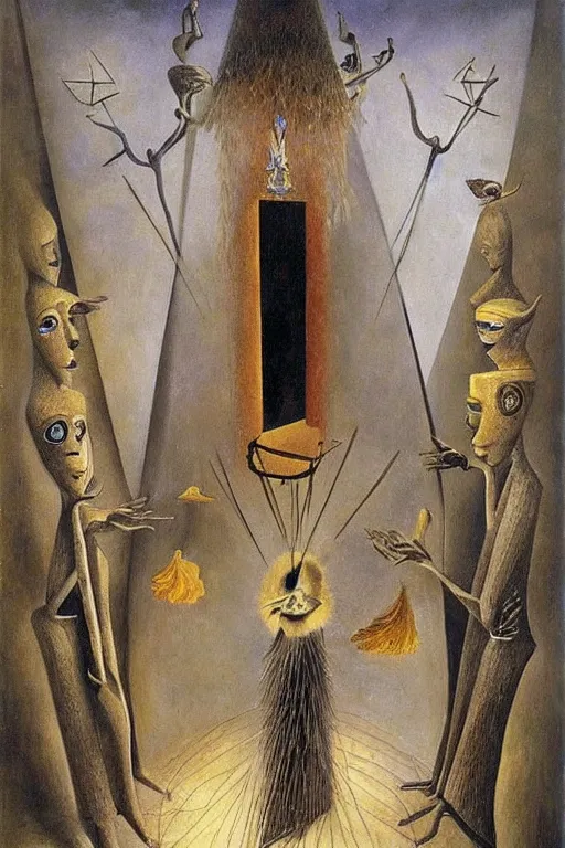 Prompt: surrealist painting by remedios varo full of subtle hints, mystic characters and misleading perspectives, ultrastation hq, 8 l, hyperrealistic, very highly detailed