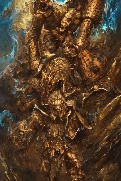 Image similar to dragonbone golem cursed by the donkeys, art by danny flynn and simon bisley, trending on artstation, halfrear lighting camera view from above naturalism, multiple exposure, oil and canvas, very very intricate, post - modernism