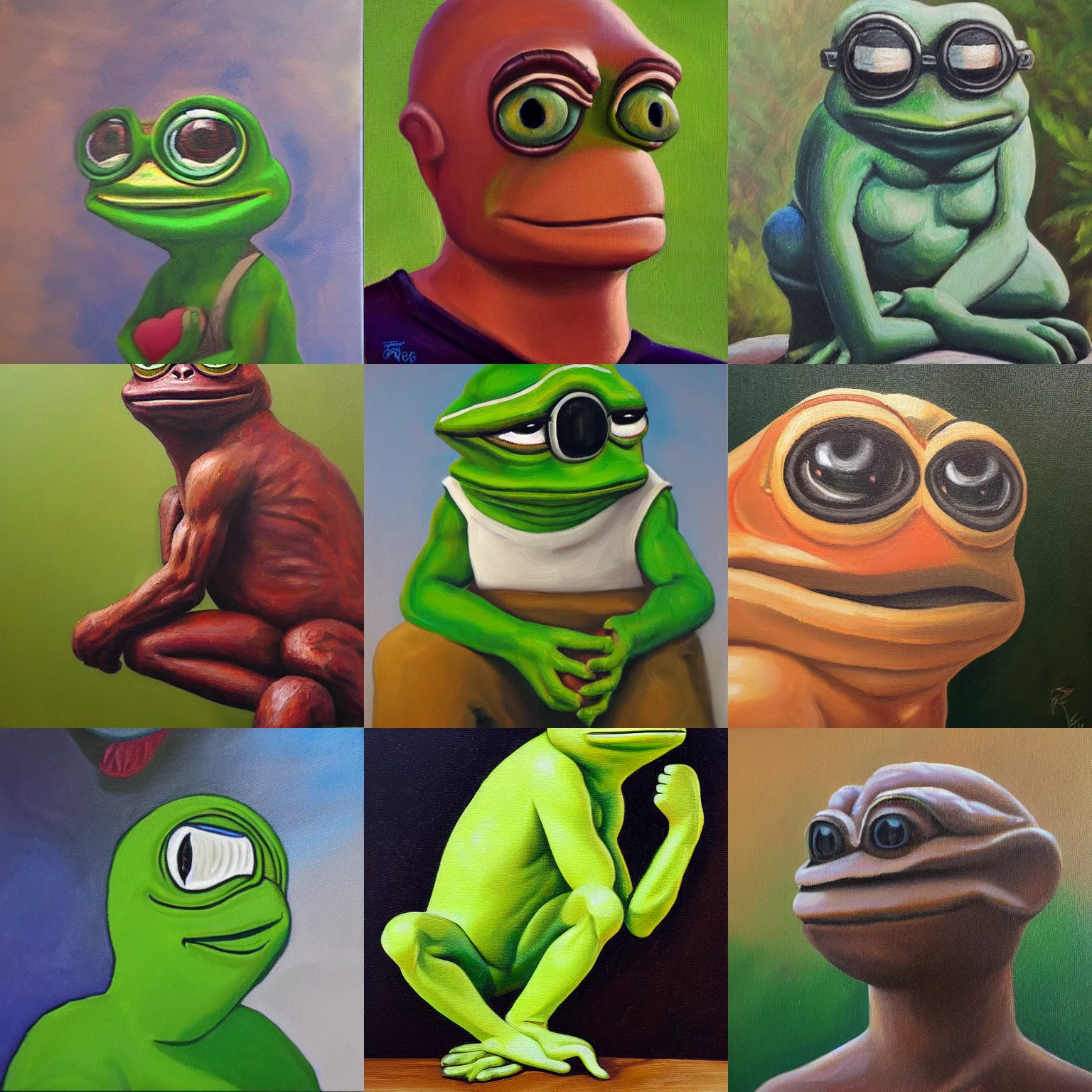 Prompt: Pepe the frog in the 'the thinker' pose, detailed oil painting