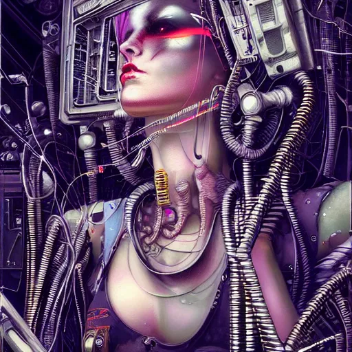 Prompt: futuristic art deco a young punk woman lost in a cyberpunk noir glitchcore world of wires, and machines, grime grungy, realistic, wide angle, intricate details, wires, machines, skulls,, highly detailed by peter mohrbacher, hajime sorayama, wayne barlowe, boris vallejo, aaron horkey, gaston bussiere, craig mullins