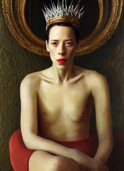 Prompt: rebecca hall portrait wearing golden metal crown by edward hopper and james gilleard, zdzislaw beksinski, highly detailed