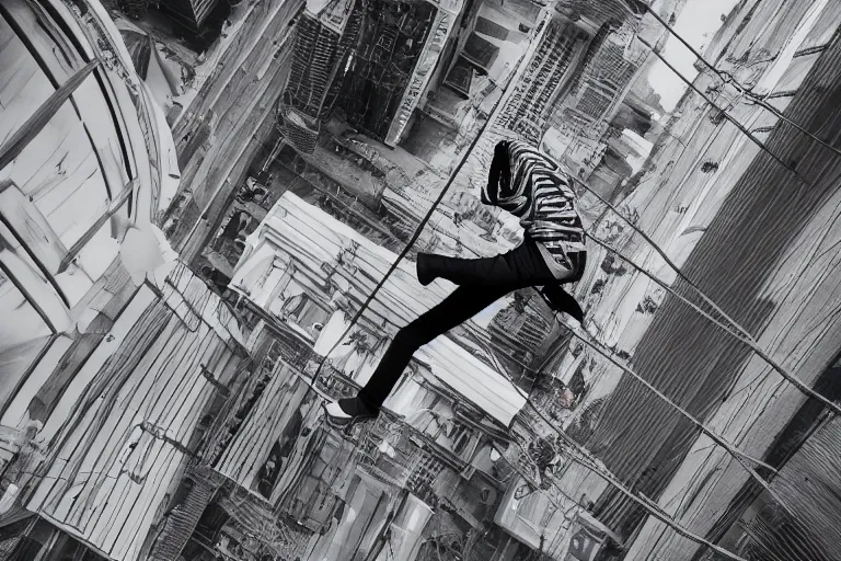 Prompt: photograph of a nervous vampire rope walking on top of a high building and trying to balance himself, wide shot