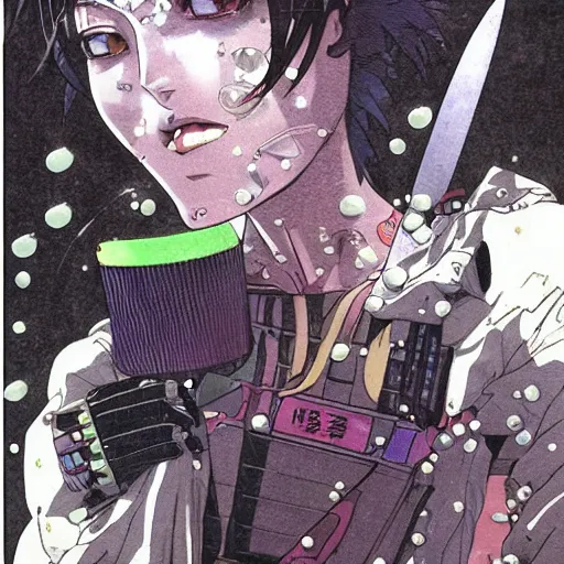 Image similar to anime of a punk cyborg woman, large knife,, water particles floating in the air, finely detailed facial features, weathered drawing, film grain, bright neon lighting, dark pastel colors, drawn by satoshi kon, katsuhiro otomo