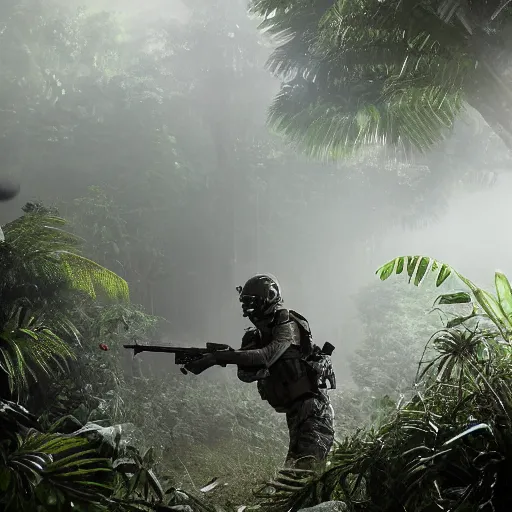 Prompt: Mercenary Special Forces soldier in light grey uniform with black armored vest and helmet launching an ambush attack in the jungles of Tanoa, combat photography by Feng Zhu, highly detailed, excellent composition, cinematic concept art, dramatic lighting, trending on ArtStation