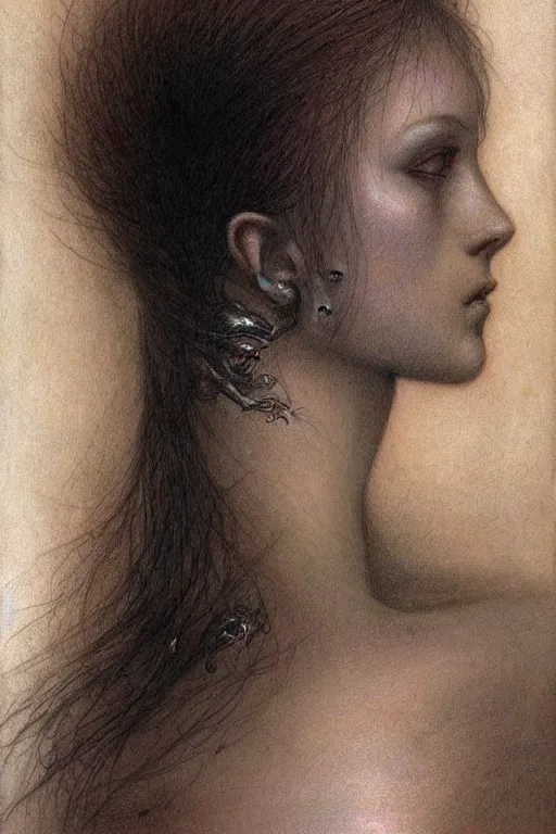 Prompt: portrait of young female, front view, black short hairs, tattoo, fantasy, intricate, jean delville, luis royo, beksinski