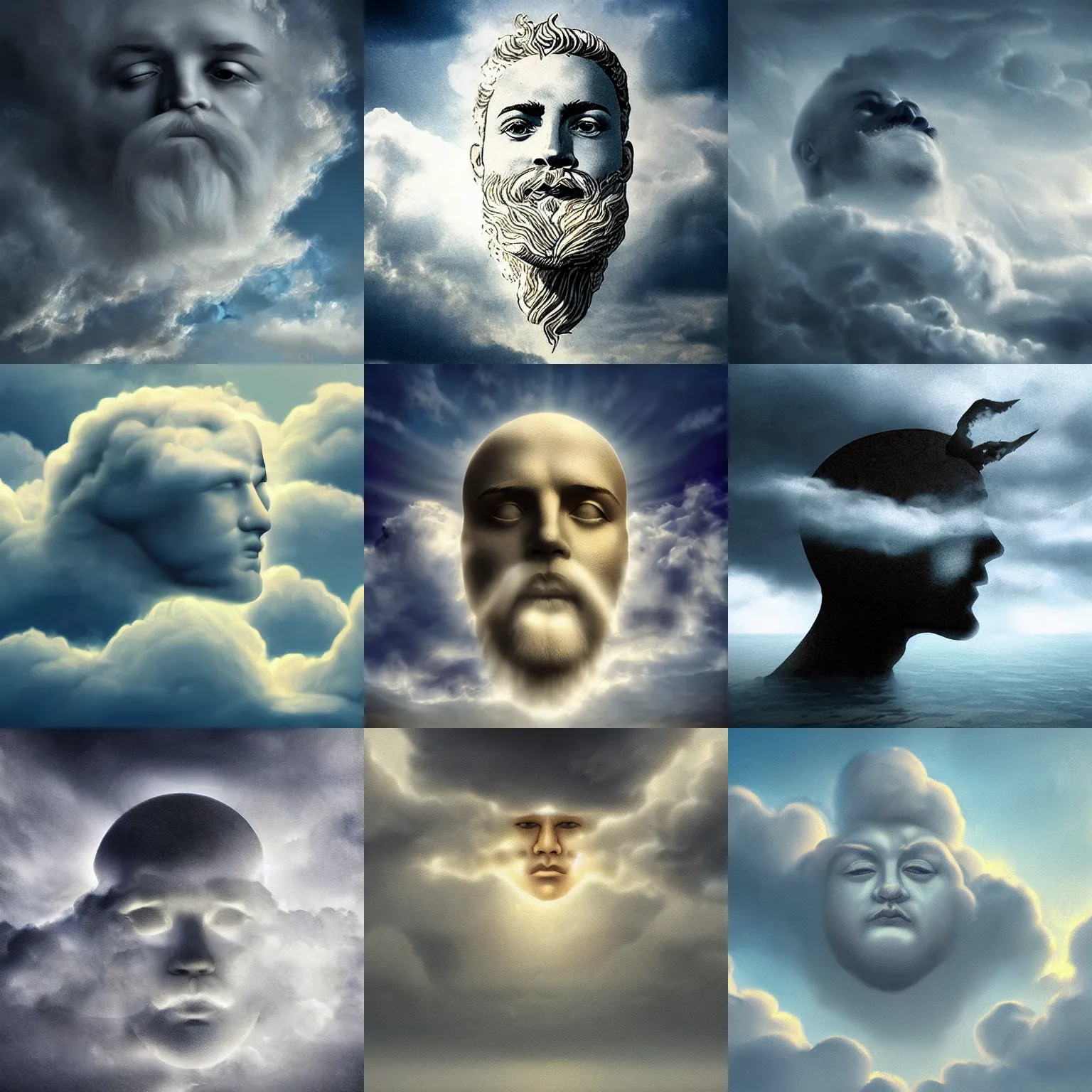 Prompt: a magic scene of the face from the god zeus made from clouds on the sky above a black sea, digital art, ilustration, morning light