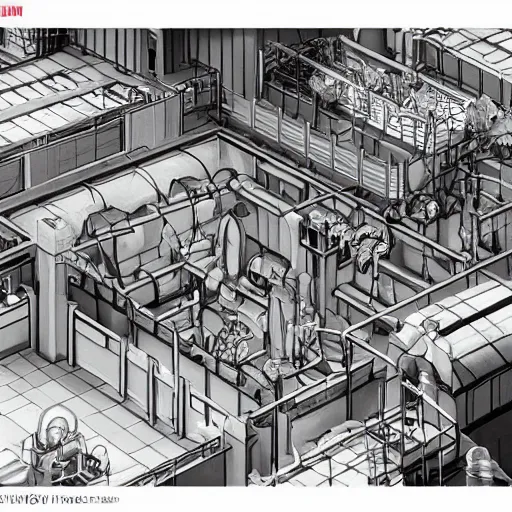 Prompt: underground lab filled with flames, MC Escher style architecture, sterile, human farm, staff wearing hazmat suits running, unknown location, photo taken from above, red alert lights up the walls, light and shadows, concept art