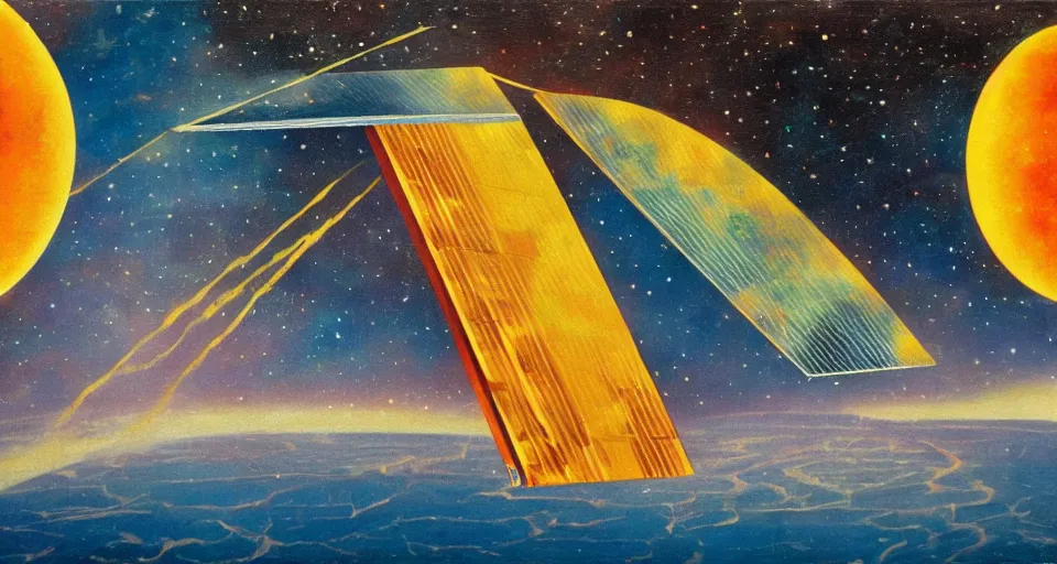 Prompt: giant solar sail, floating in space between the sun and earth, art deco painting