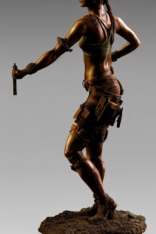 Image similar to detailed studio photo of old bronze patina statue lara croft, full body portrait, various poses, photorealism, intricate detail, museum diffuse lighting